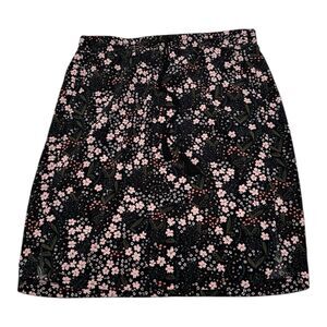 Ann Taylor Loft Skirt Large Black Pink Ditsy Floral A-Line Pull On Knee Length